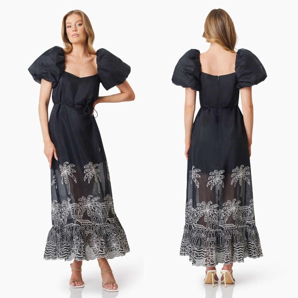 Elliatt NEW Nyx Embroidered Organza‎ Puff Sleeve Midi Dress in Black Size Medium